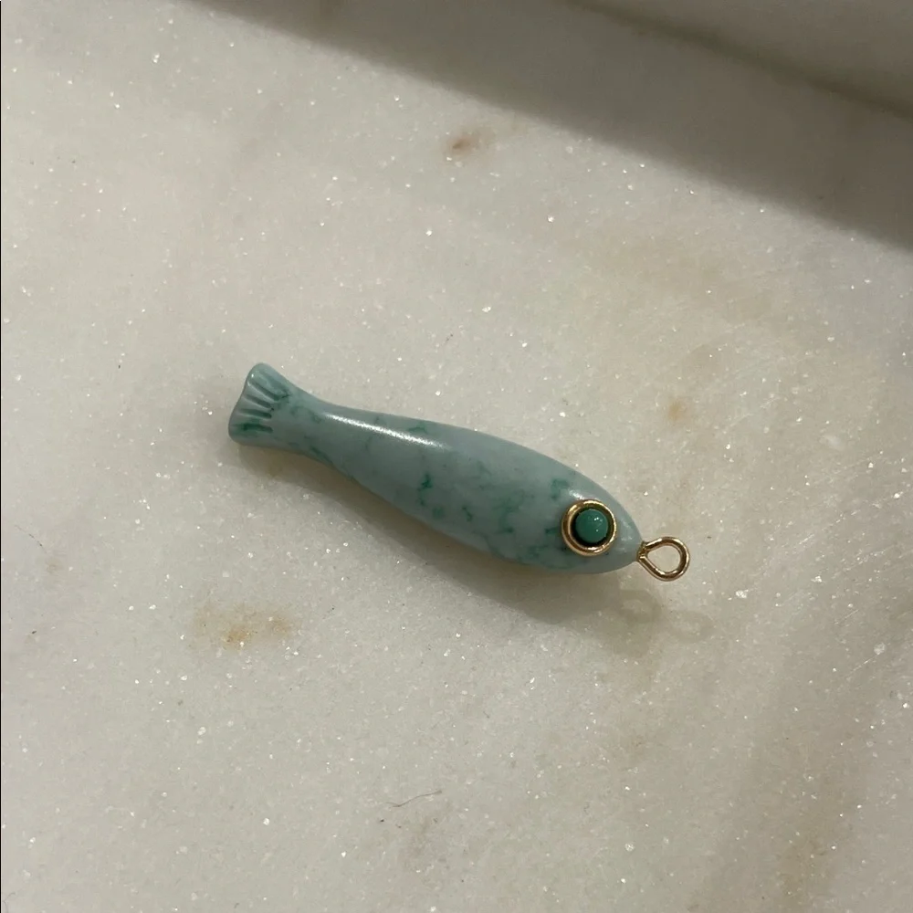 Seafoam Mint Marbled Fish Pendant - Tropical Stone-Look Charm 1 1/4”